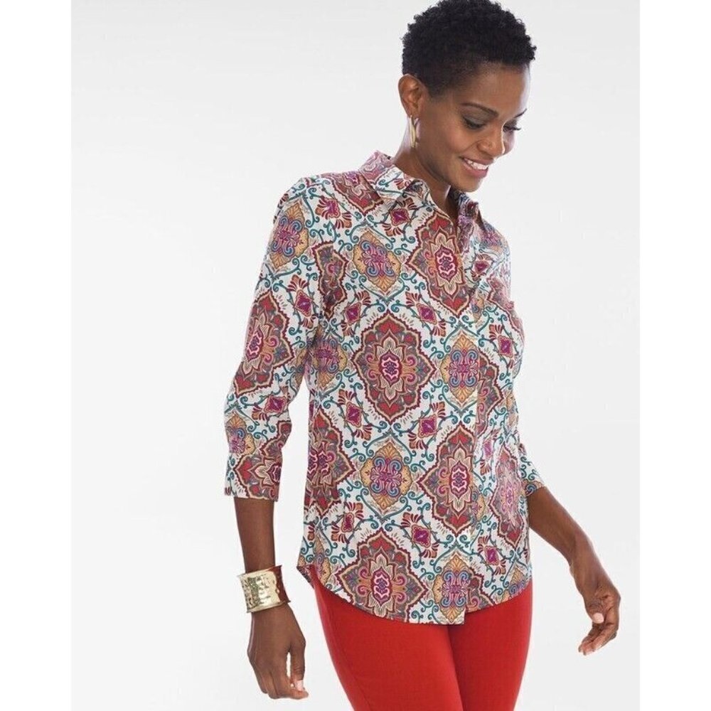 NWT Chicos Womens Button Top Colorful Medallion 3/4 Sleeve Collar Shirt Sz 1